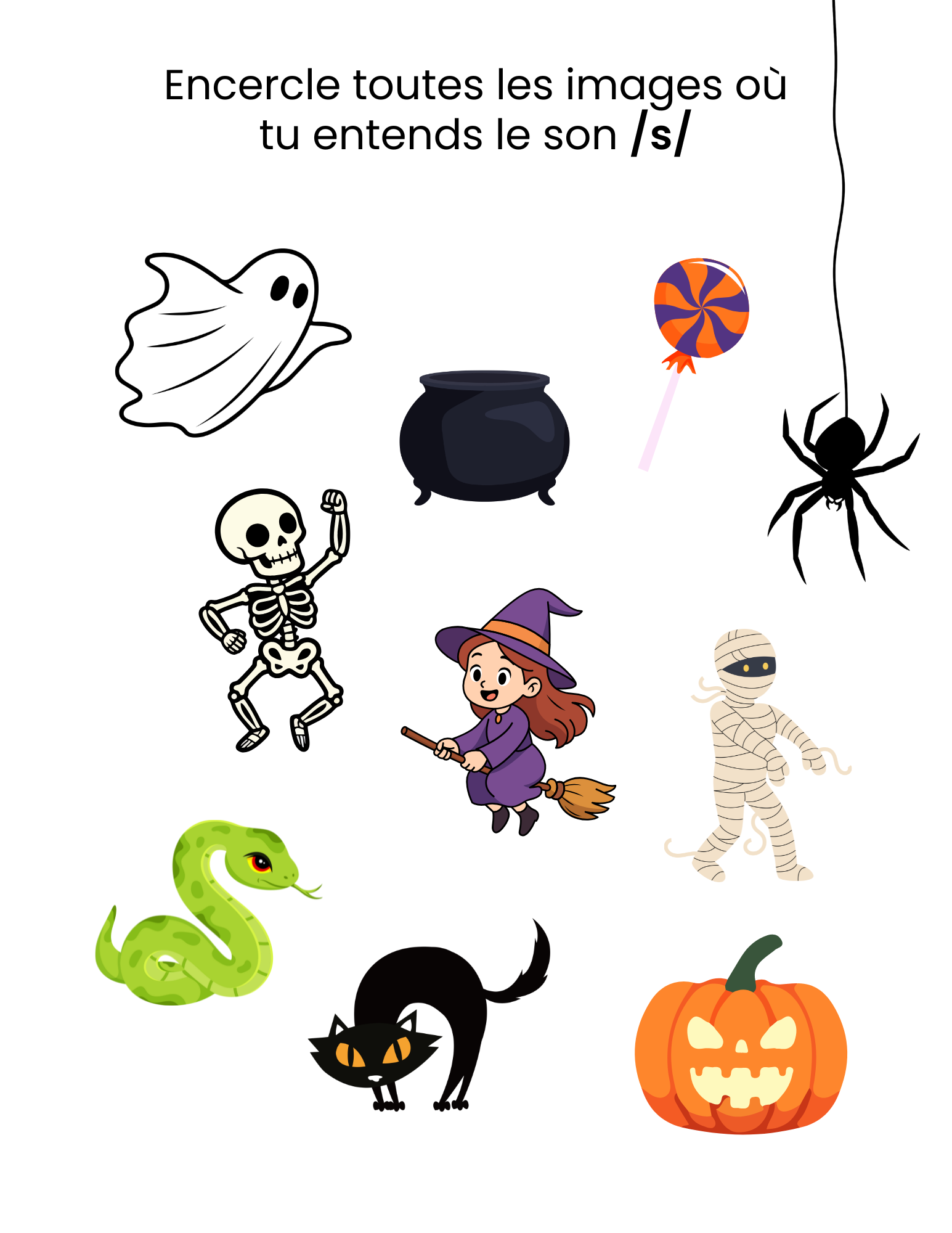 Feuille d’activité d’Halloween pour enfants du préscolaire. L’enfant doit encercler les images où il entend le son /s/, comme serpent, squelette, sorcière et suçon.