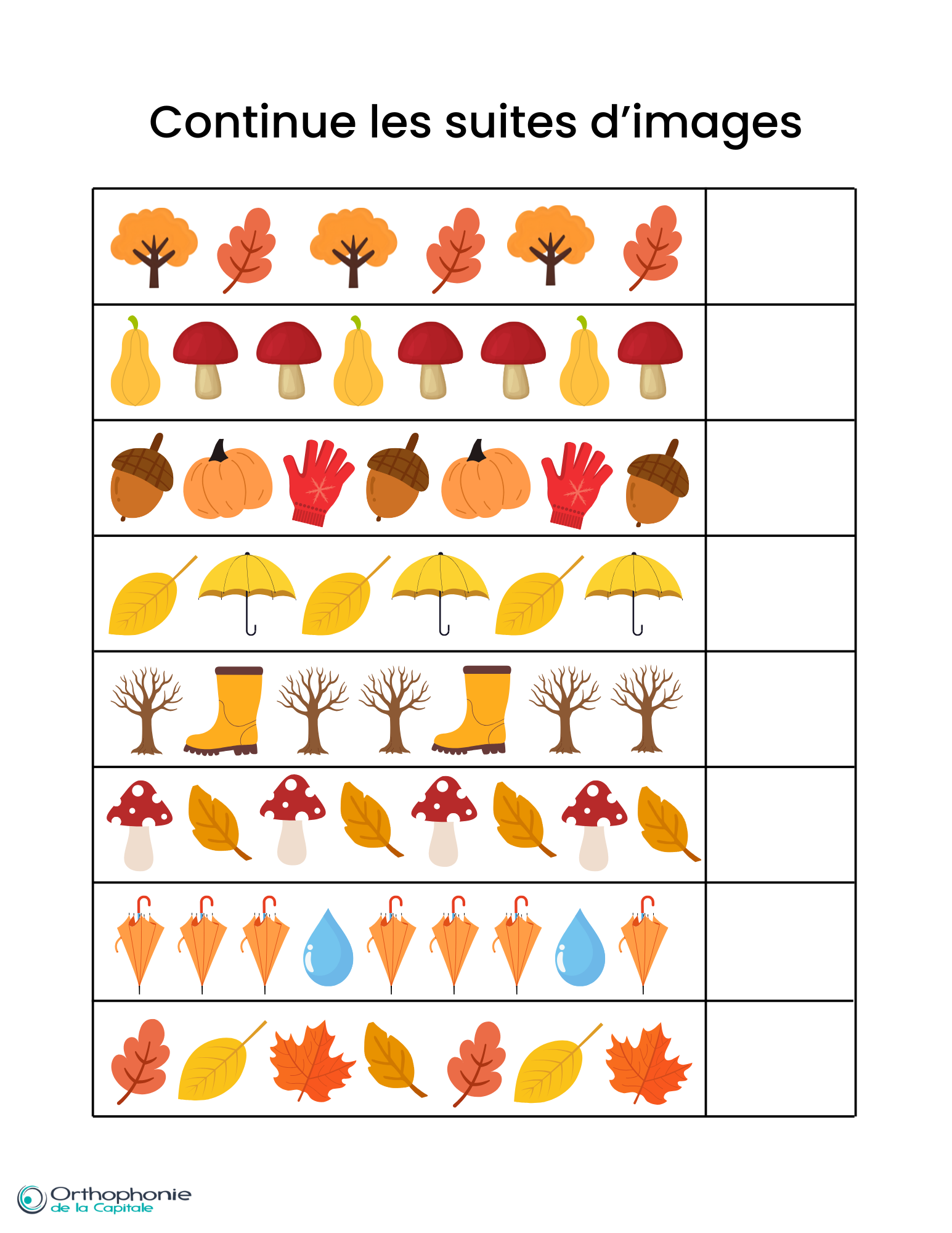 Fiche d’activité d’automne pour enfants où il faut observer des suites d’images (arbres, champignons, citrouilles, gants, parapluies, bottes, feuilles) et compléter la séquence dans les cases vides.