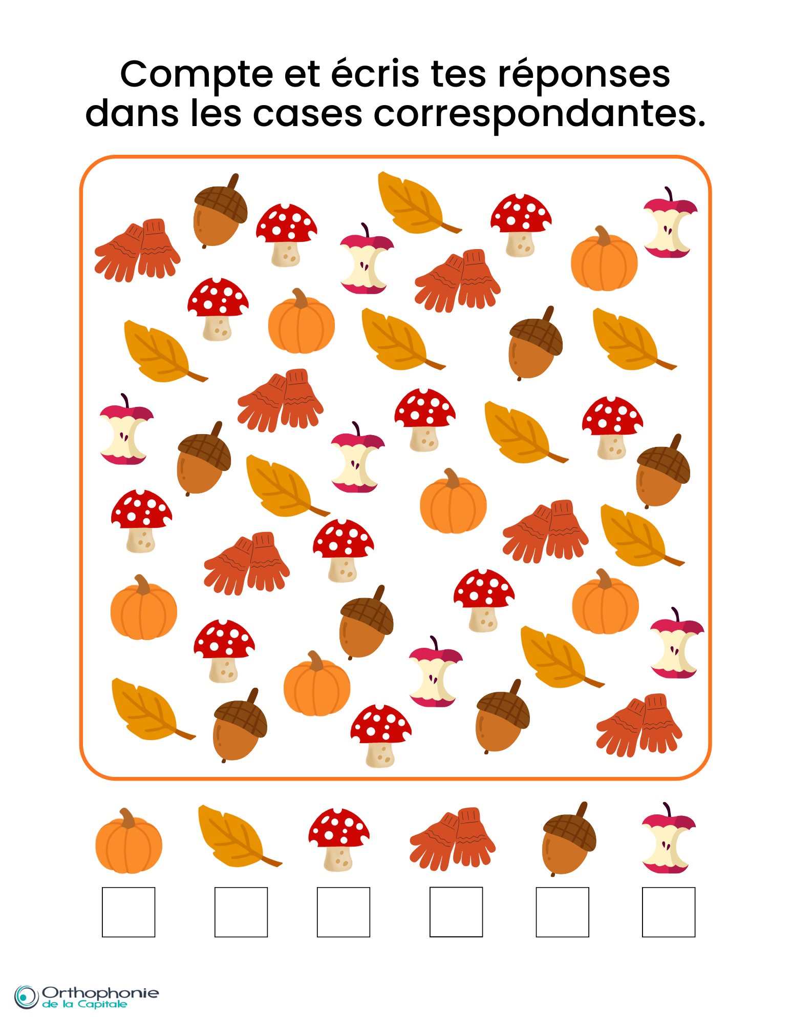 Activité d’automne pour enfants où il faut compter des citrouilles, feuilles, champignons, gants, glands et trognons de pomme, puis écrire les réponses dans les cases.